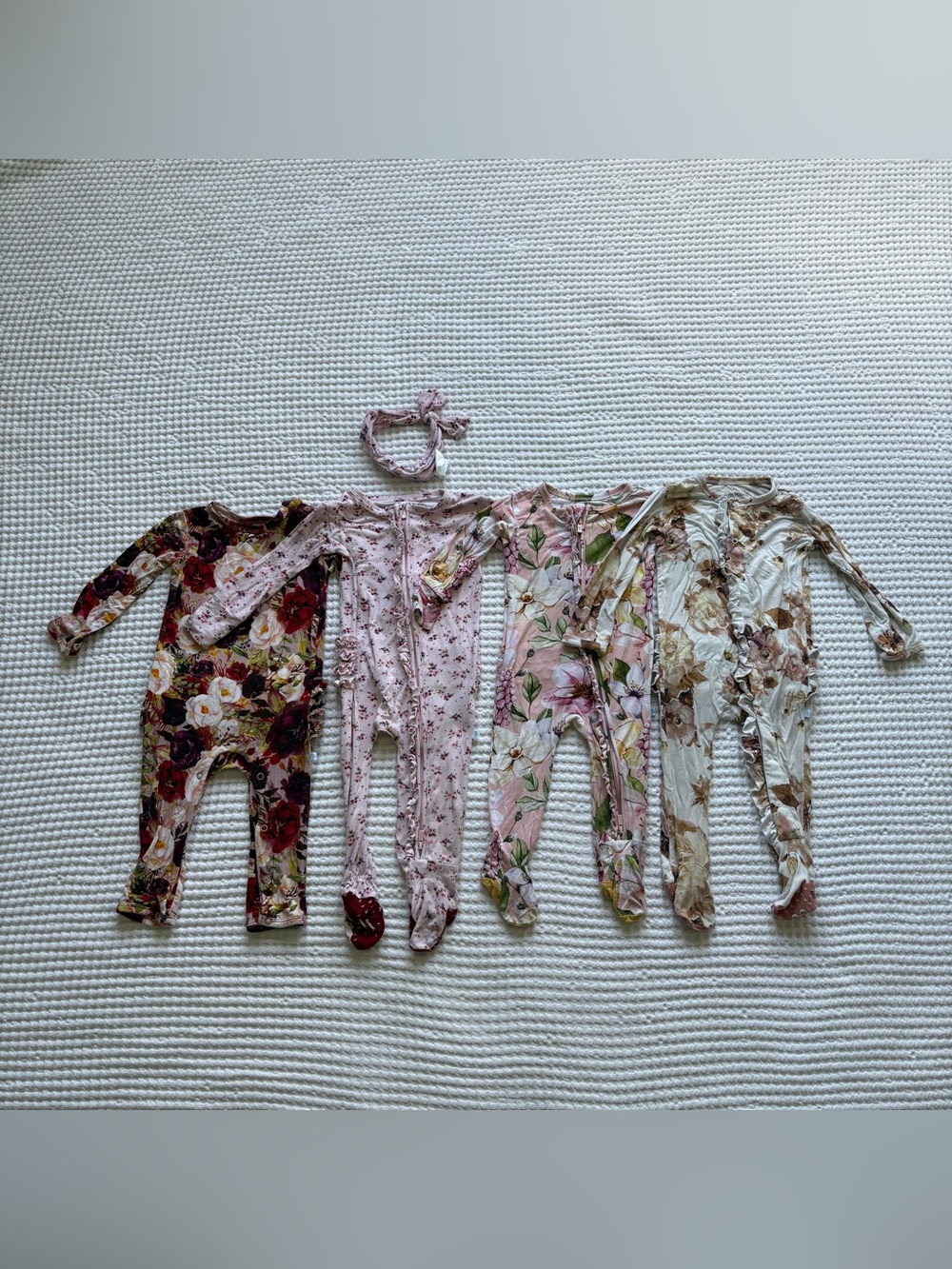 Posh Peanut Bamboo Footie Romper Bundle Cozy Florals Set of 4 + Headband: 9-12M